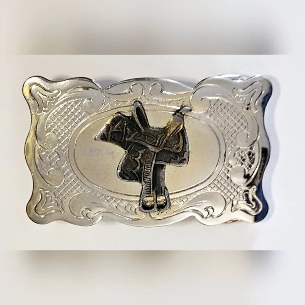 Vintage Western Saddle Belt Buckle Silver Tone Brass Cowboy Made in USA
